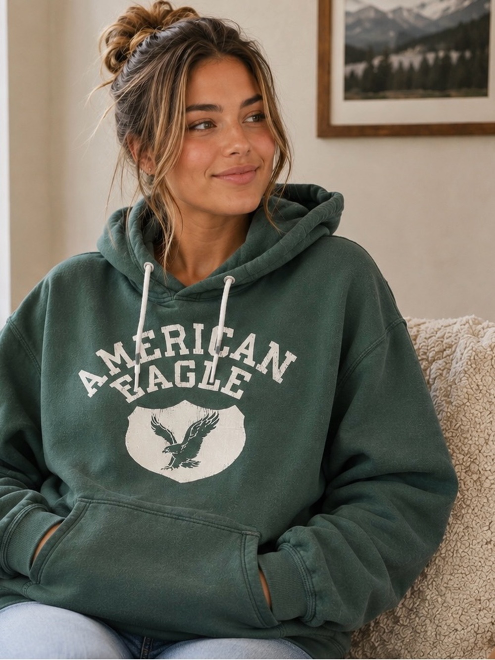 American Eagle Outfitters Vintage Graphic Pullover Hoodie Green Fleece Small